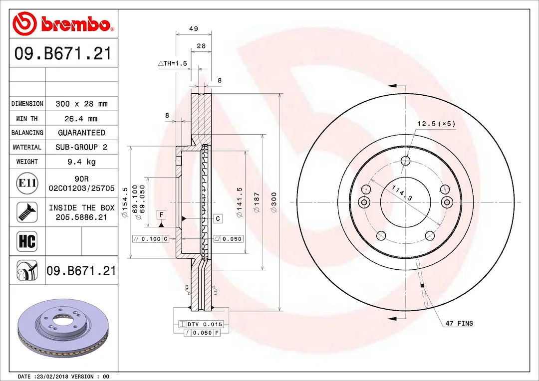 09B67121C02 – BREMBO Brake Rotor, Vented One Piece Design Wheel Bolt Pattern 5 x 114.3 Millimeter 300 Millimeter Diam...